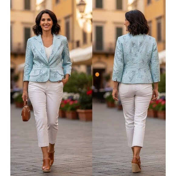 Versailles Aqua Brocade Jacket Size 6 NWT - Picture 1 of 6
